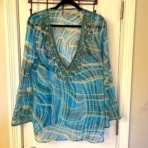 Nicole Max Vintage Sheer Blue Embellished Top w/ Bell Sleeves